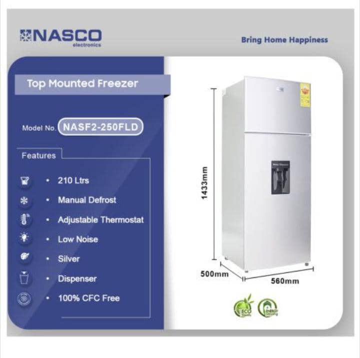 Nasco 210L 2-Star Top Mount Refrigerator with Water Dispenser – Silver [NASF2-250FLD]