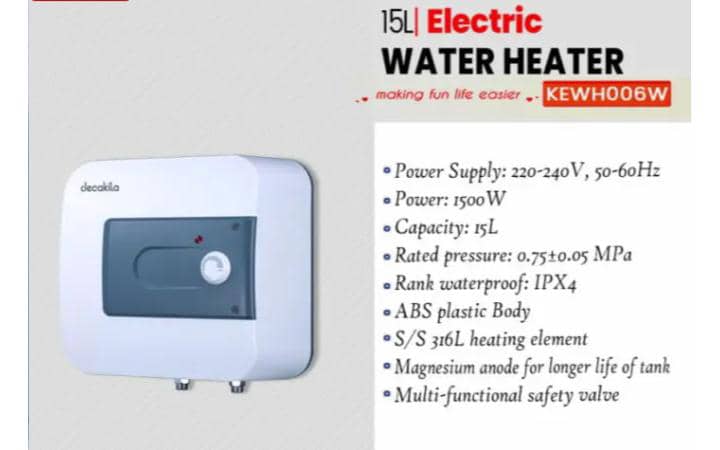 Decakila 15L/3.96Gal Durable Storage Electric Water Heater| 1500W, Multi-functional Safety Valve, High Precision Thermostat [KEWH006W]