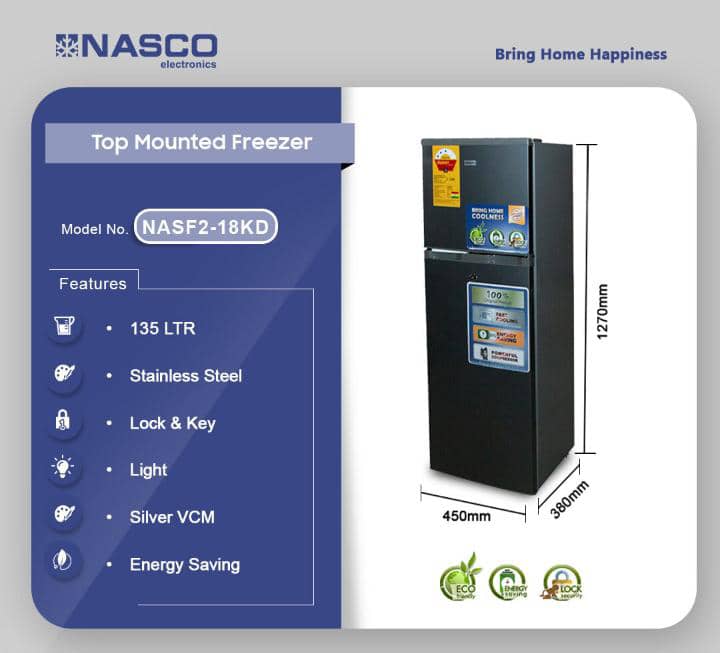 "Nasco 135L Top Freezer Fridge – Energy Saving & Durable