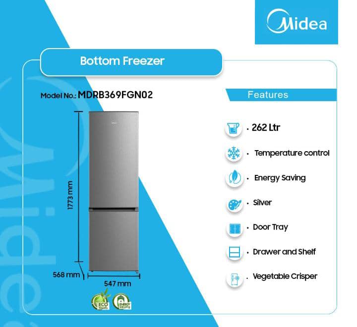 Midea 262L Double Door Bottom Freezer – Spacious, Stylish & Energy-Efficient