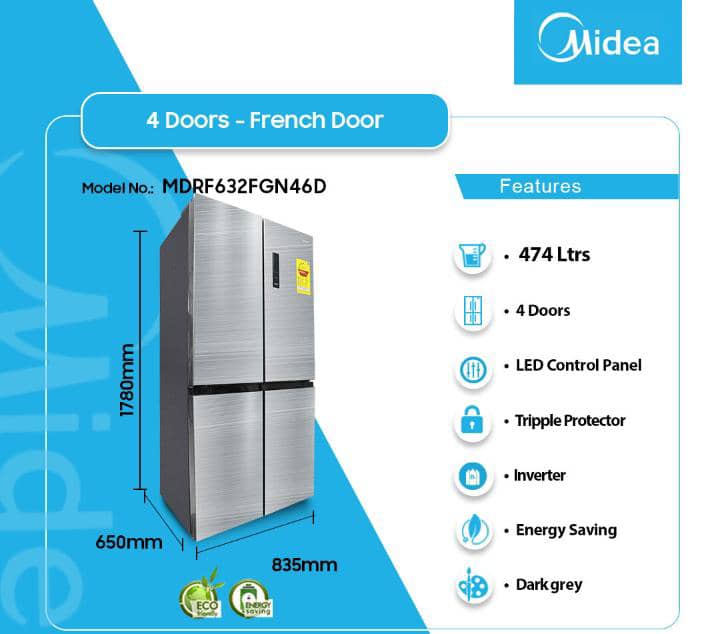 "Midea 474L 4-Door French Door – Luxury Cooling for Your Kitchen