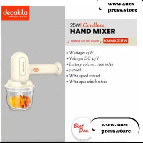 Decakila 25W 3-Speed Rechargeable Cordless Hand Mixer| 1500mAh Lithium Battery, 2pcs Whisk Sticks [KMMX019W]