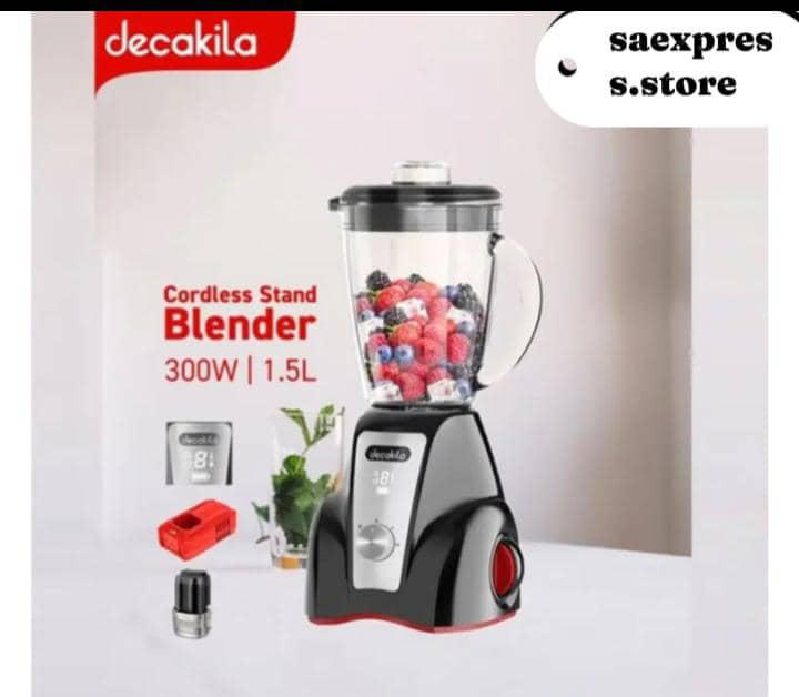 Buy Decakila KEJB051R cordless rechargeable blender – 300W, 1.5L jar, LED display, 2 speeds + pulse, 2000mAh battery