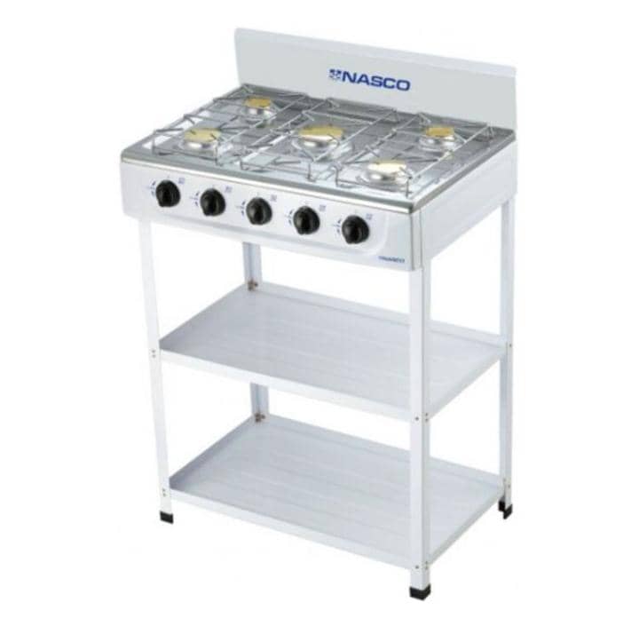 Nasco 5 Burner Stainless Steel Gas Stove w/ Stands |White, Gold Caps [NASGS-K5CSS-S