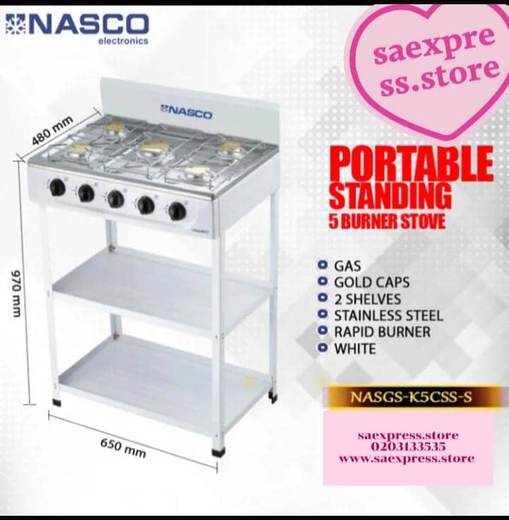 Nasco 5 Burner Stainless Steel Gas Stove w/ Stands |White, Gold Caps [NASGS-K5CSS-S