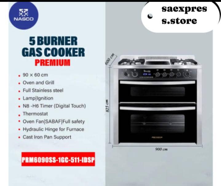 Nasco 90×60 Premium 5 Burner Gas Cooker w/ Oven & Grill – Stainless Steel [PRM6090SS-1GC-511-IDSP