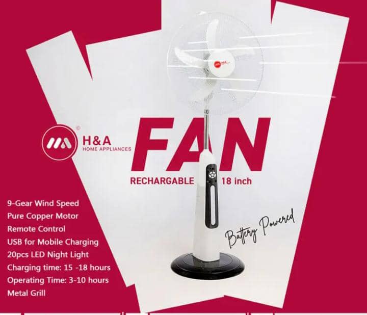 H&A 18” Rechargeable Stand Fan w/ Remote Control| 9-Speed Control, LED Night Light, Over-discharge & Over-charge Protection, USB for Mobile Charging, Powered by AC Electricity, DC Battery [300A-18]