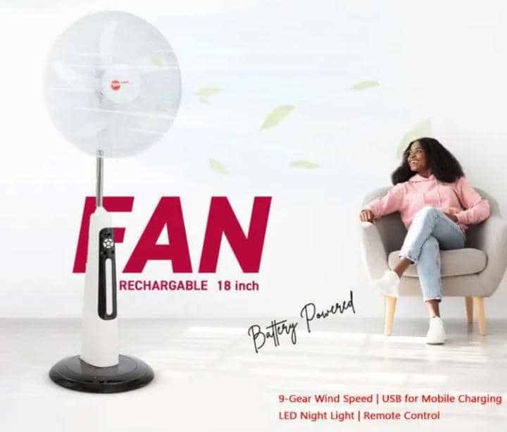 H&A 18” Rechargeable Stand Fan w/ Remote Control| 9-Speed Control, LED Night Light, Over-discharge & Over-charge Protection, USB for Mobile Charging, Powered by AC Electricity, DC Battery [300A-18]